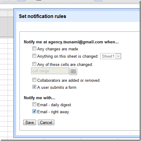 Setting Notification Rules in Google Spreadsheet so you get emailed when form is submitted.