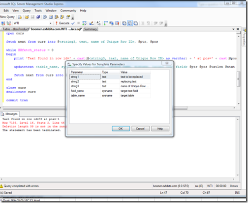 Specify Values for Template Parameters" screen in SQL Mangler