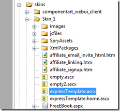 Visual Studio directory screen shot of ASPDNSF ecommerce solution skin directory